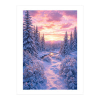 Winter Sunset Glow: Serene Snowy Forest and Frozen Creek (Print Only)