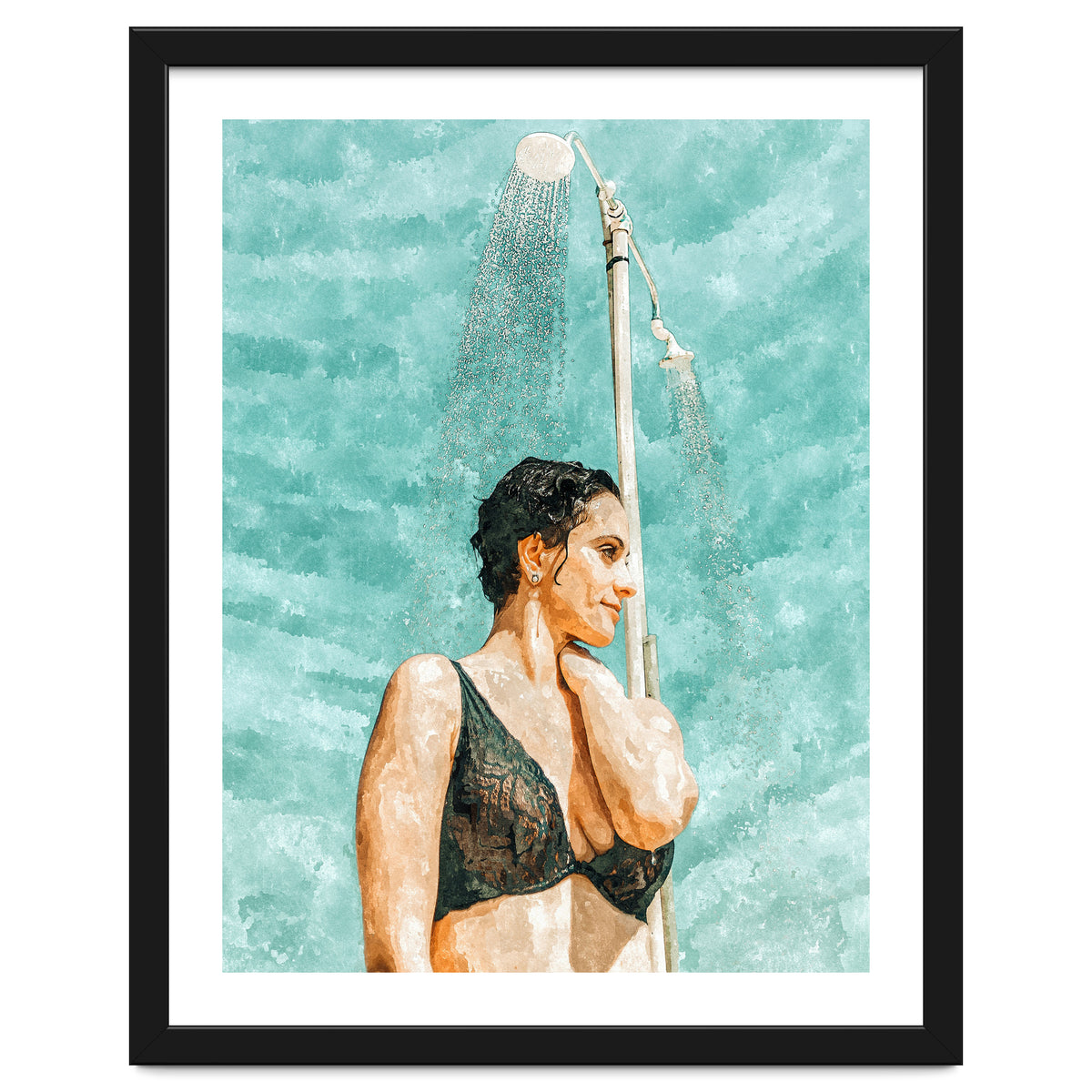 Bathe | Woman Pool Shower | Summer Swim Watercolor Painting | Brunette Bikini Boho Fashion
