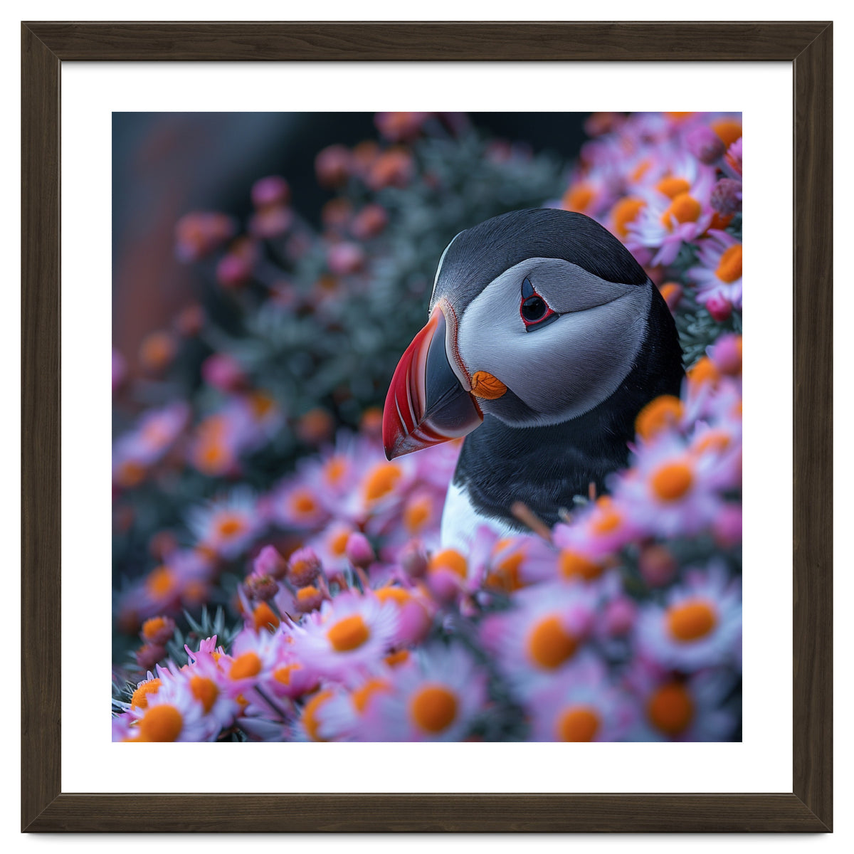 Puffin Bird Among Pink Flowers