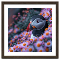 Puffin Bird Among Pink Flowers