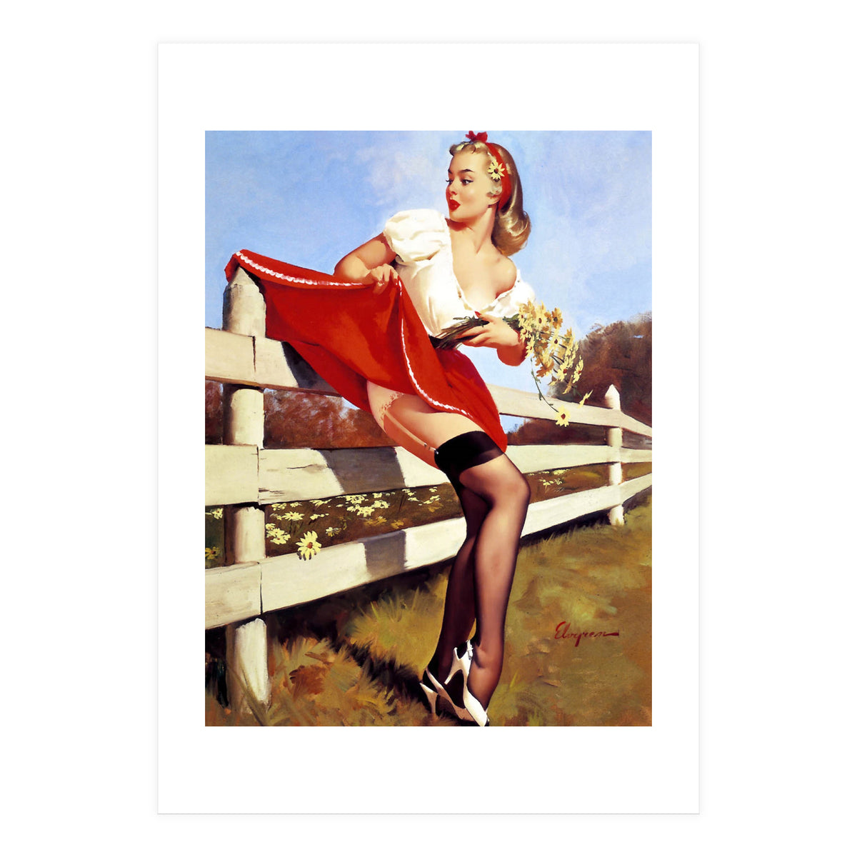 Pinup Girl Stacked On The Farm Fance (Print Only)
