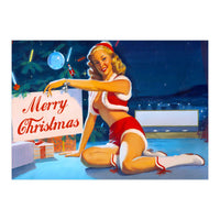 Pinup Girl In Santa Costume With Marry Christmas Sign (Print Only)