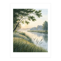 Serene River Sunrise Watercolor Painting with Meadow Grasses and Warm Golden Atmosphere Landscape (Print Only)