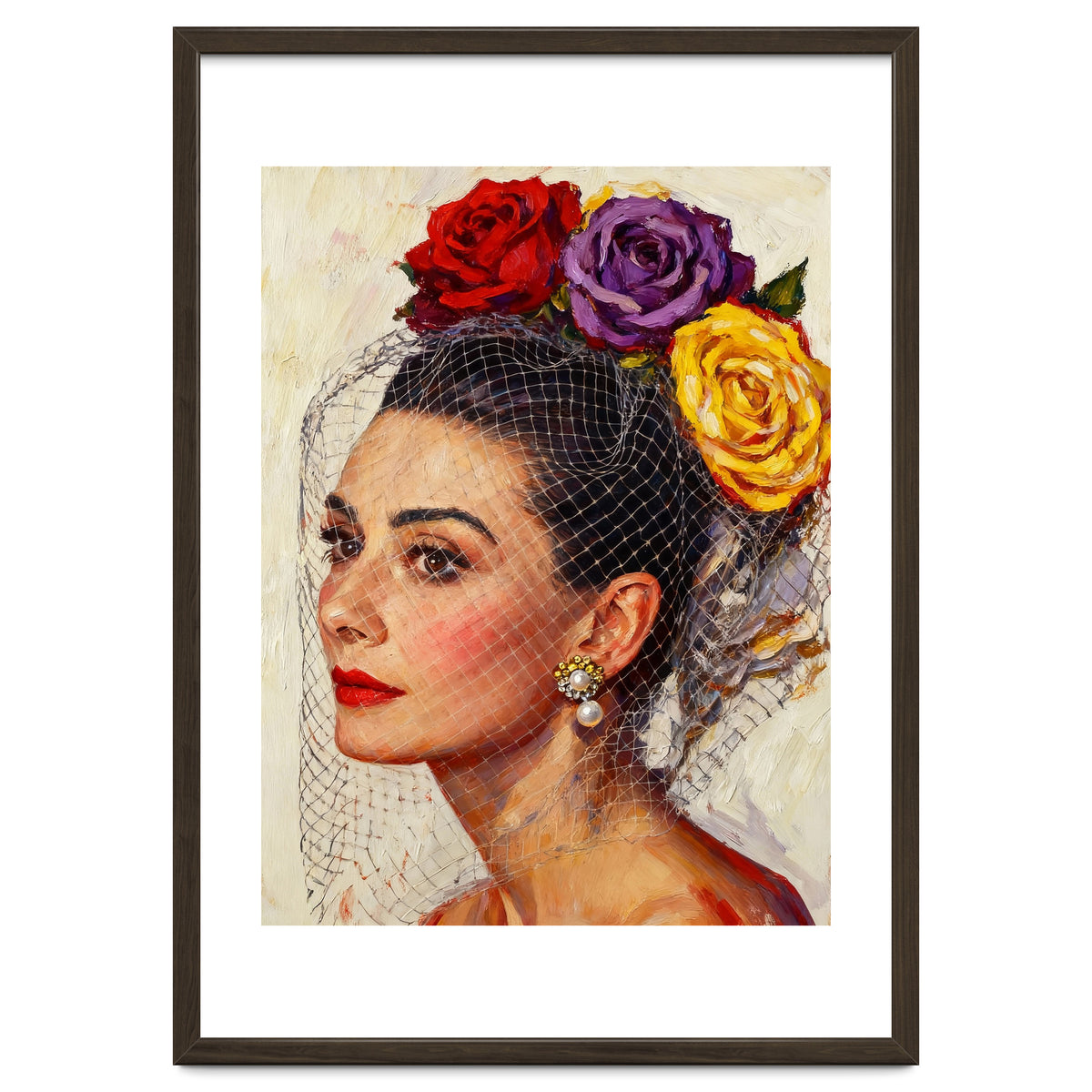 Audrey Hepburn, Impasto Floral Veil Portrait, Classic Hollywood Oil Painting,