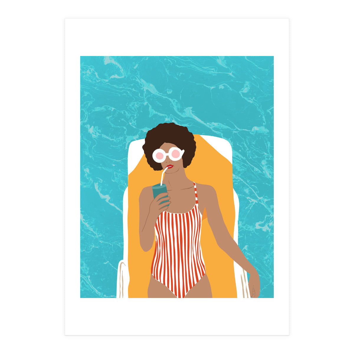 Chilling In The Moment, Eclectic Bohemian Black Woman Of Color, Swimming Pool Afro Fashion Vacation Enjoy Summer (Print Only)
