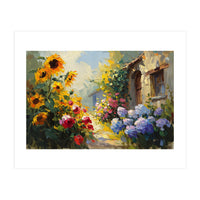 Vibrant Summer Cottage Garden Oil Painting (Print Only)
