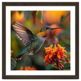 Hummingbird Hovering Near Orange Flowers thumbnail