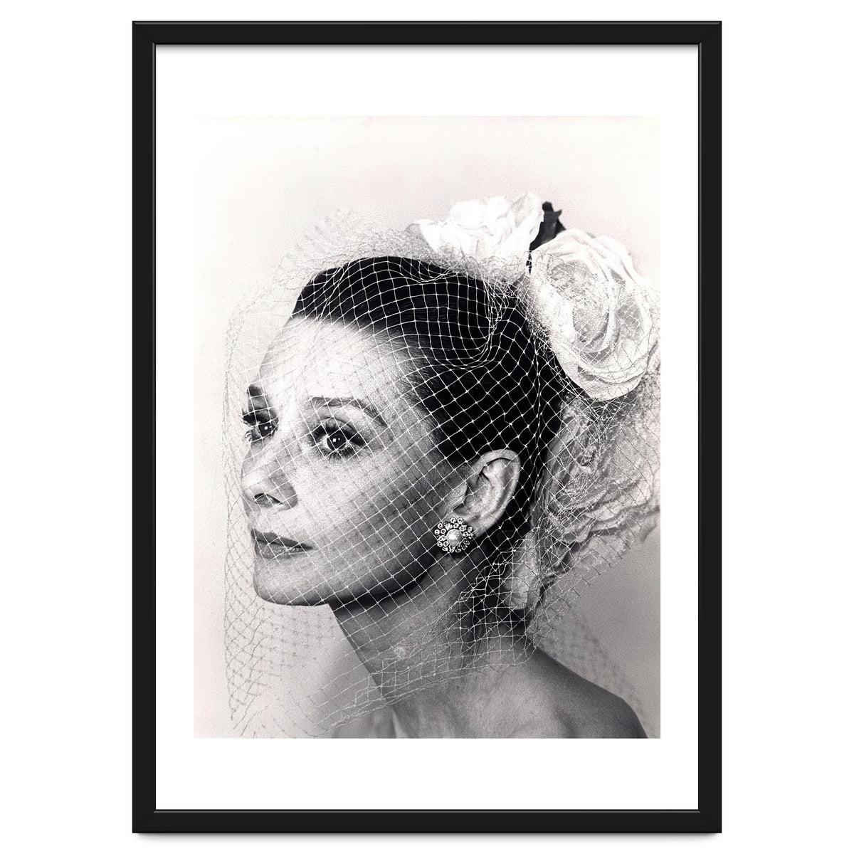 Audrey Hepburn with Veil, Classic Hollywood Glamour Photography, Black and White Icon Portrait
