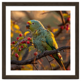 Green Parrot Perched On A Branch With Berries thumbnail