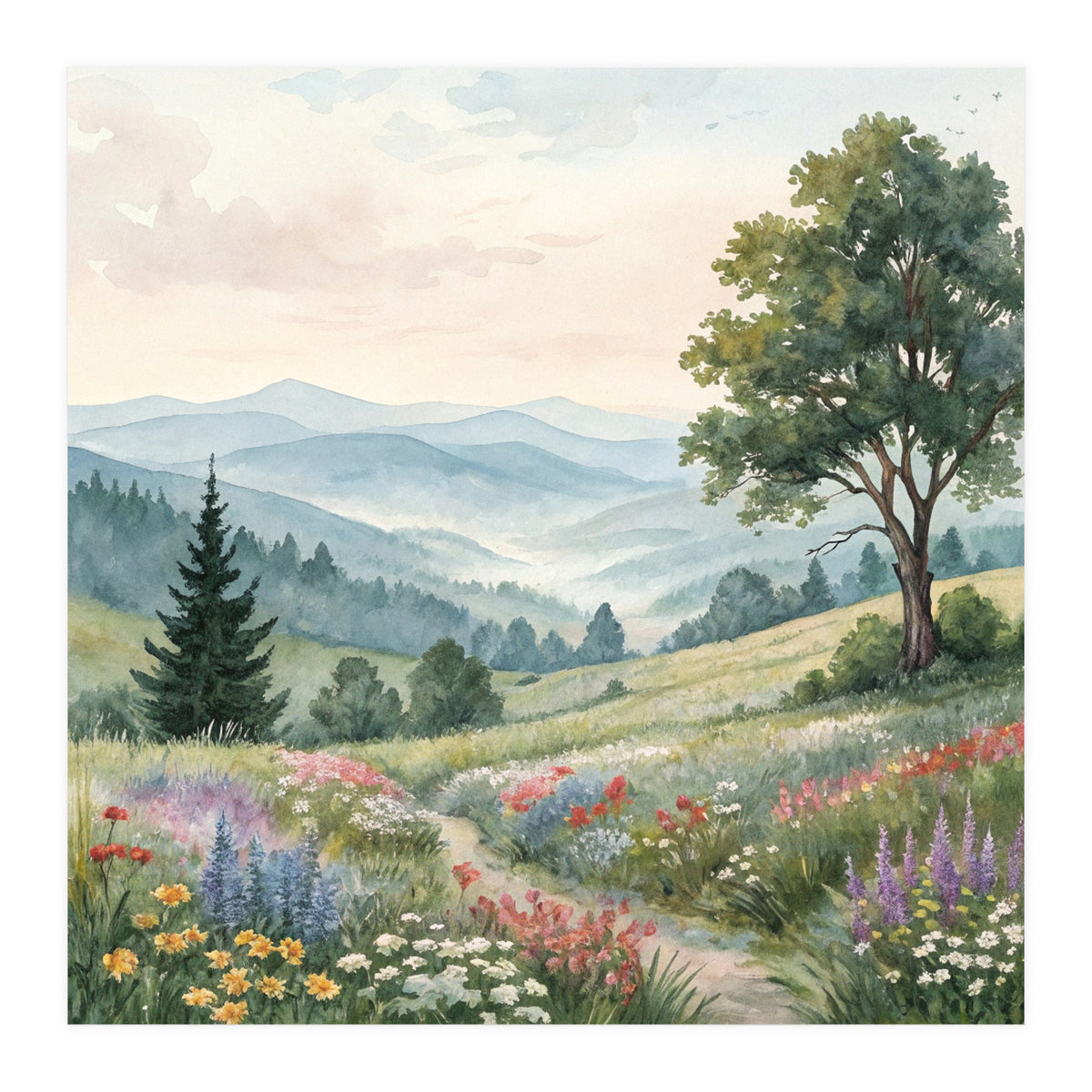 Serene Mountain Meadow Watercolor Landscape (Print Only)