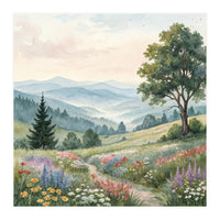 Serene Mountain Meadow Watercolor Landscape (Print Only)