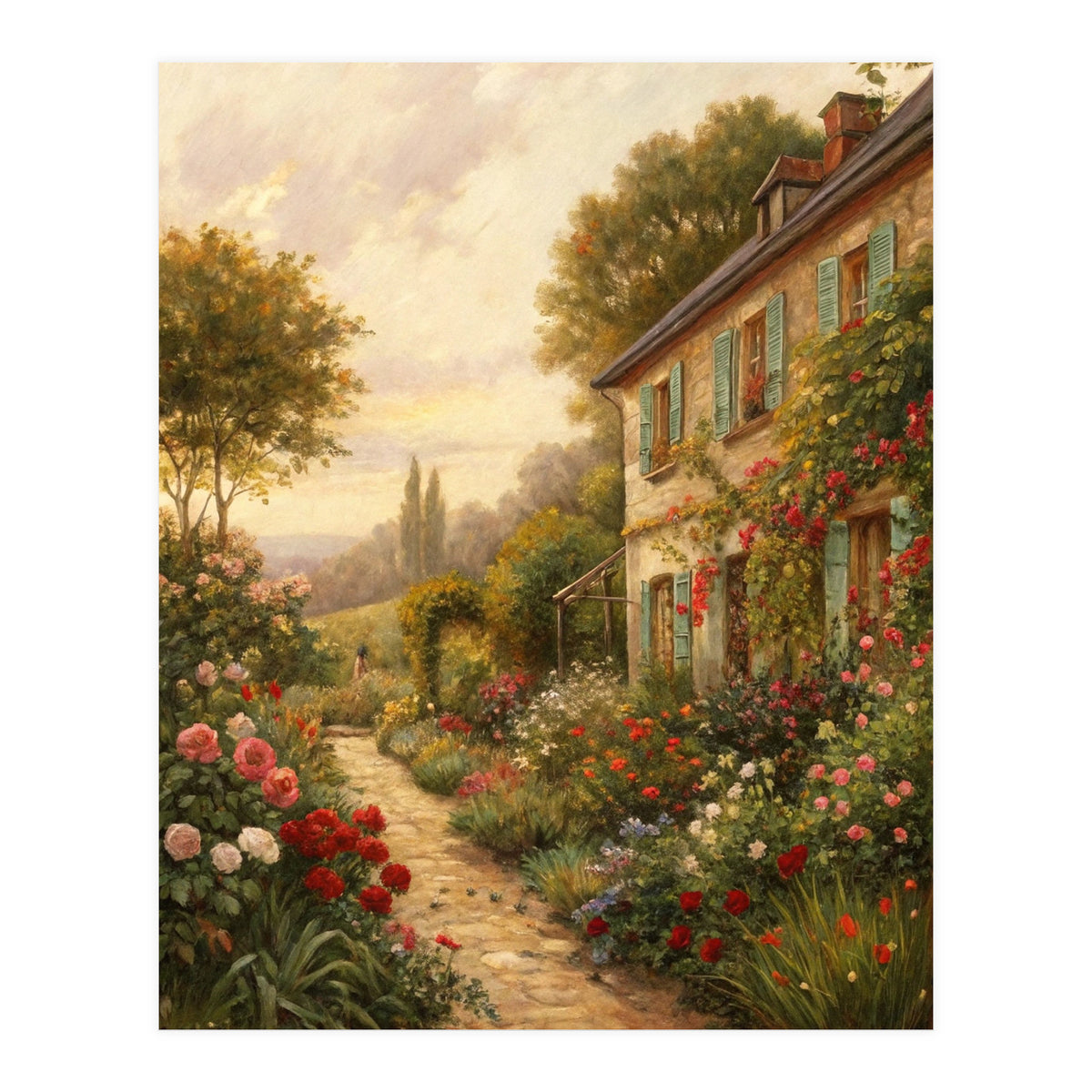 Idyllic Sunlit Cottage Garden Oil Painting (Print Only)