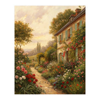 Idyllic Sunlit Cottage Garden Oil Painting (Print Only)