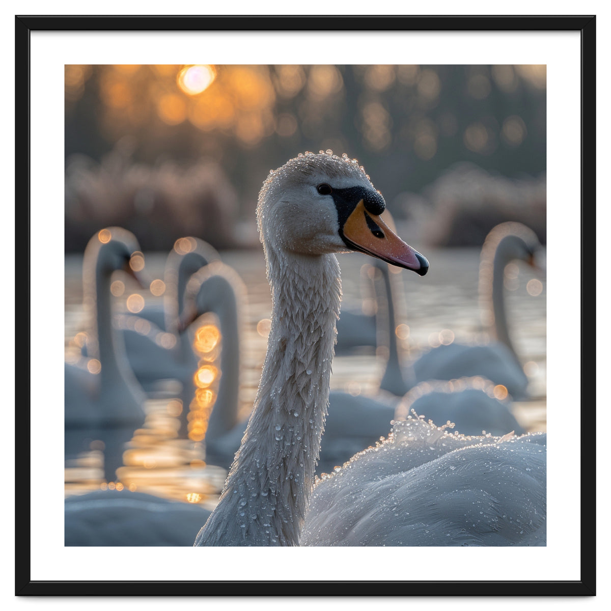 Close Up Of Swan With Water Droplets At Sunrise