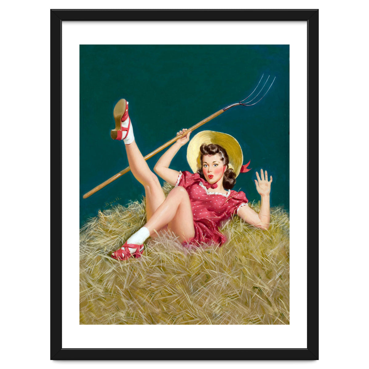 Pinup Sexy Girl Posing On A Hay With A Pitchfork