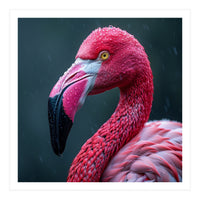 Close Up Pink Flamingo In Rain Drops (Print Only)