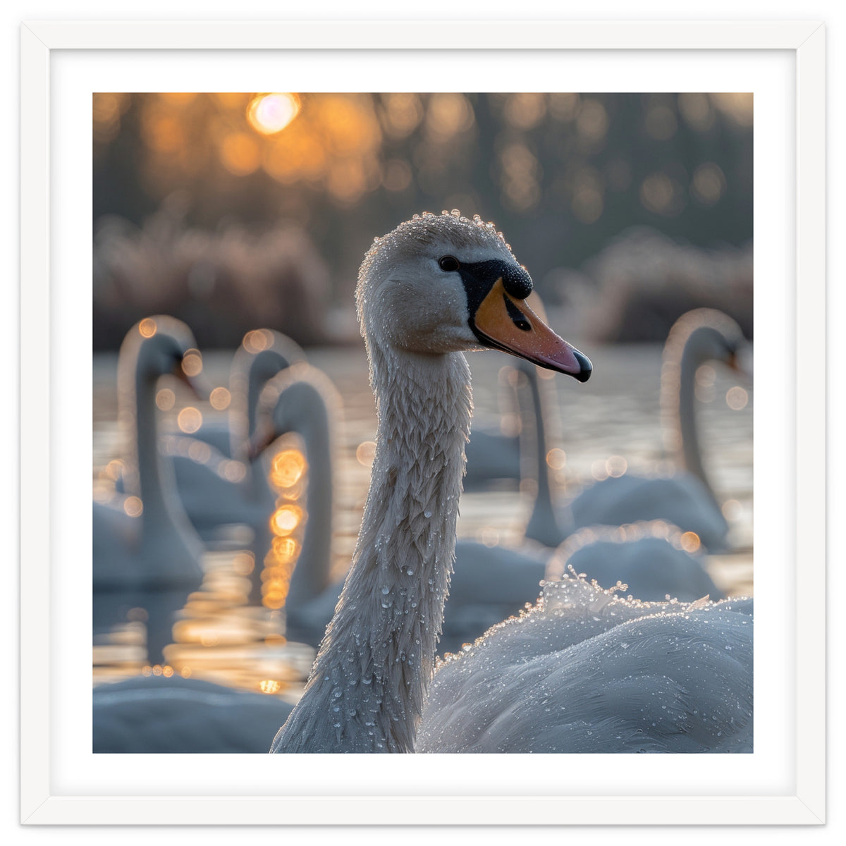 Close Up Of Swan With Water Droplets At Sunrise