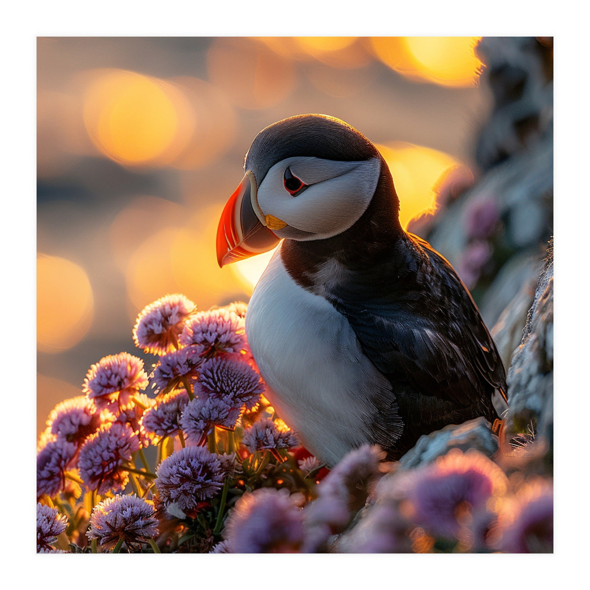 Puffin Bird Amidst Purple Flowers Golden Hour (Print Only)