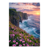 Coastal Sunset Wildflowers: Dramatic Ocean Cliffs and Floral Meadow (Print Only)