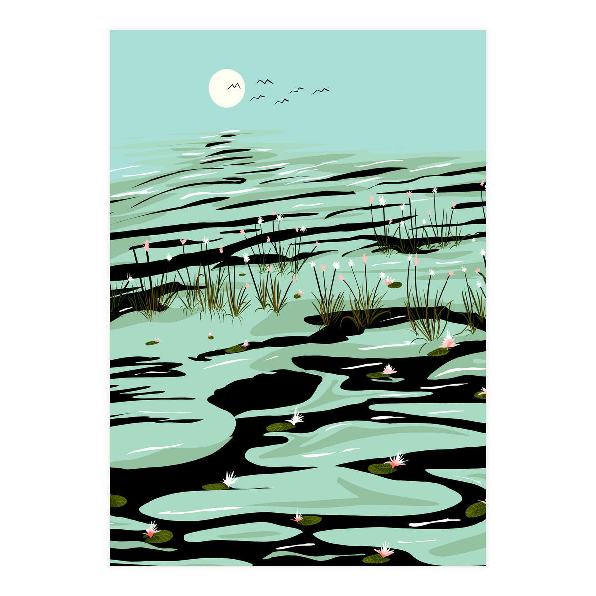 Dreamy Lake, Pastel Nature Botanical Jungle Landscape, Travel Pond Forest Plants Bohemian, Eclectic Scenic (Print Only)