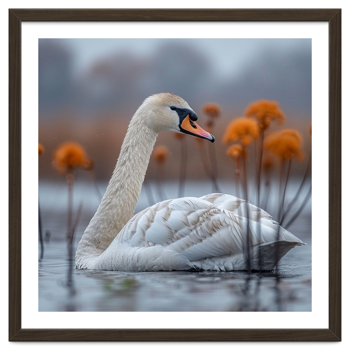 White Swan Swimming In A Lake With Reeds