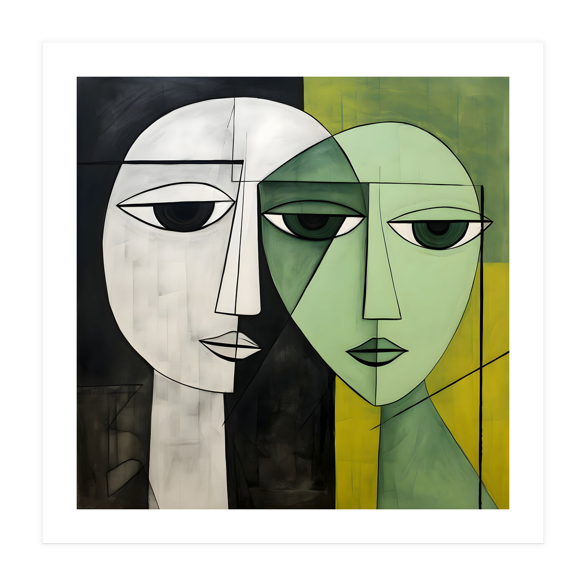 DYNAMIC FUSION, Two abstract heads converge - vibrant green tones intertwine with cool grey hues, a dance of contrast and connection. (Print Only)