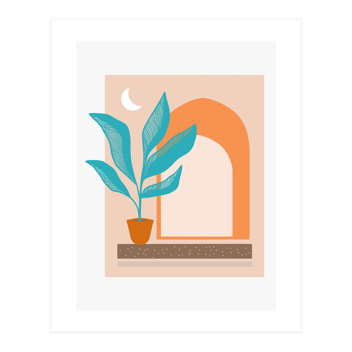 Moonlight Villa, Architecture Modern Bohemian Travel Illustration, Pastel Tropical Home Minimal Line Art (Print Only)