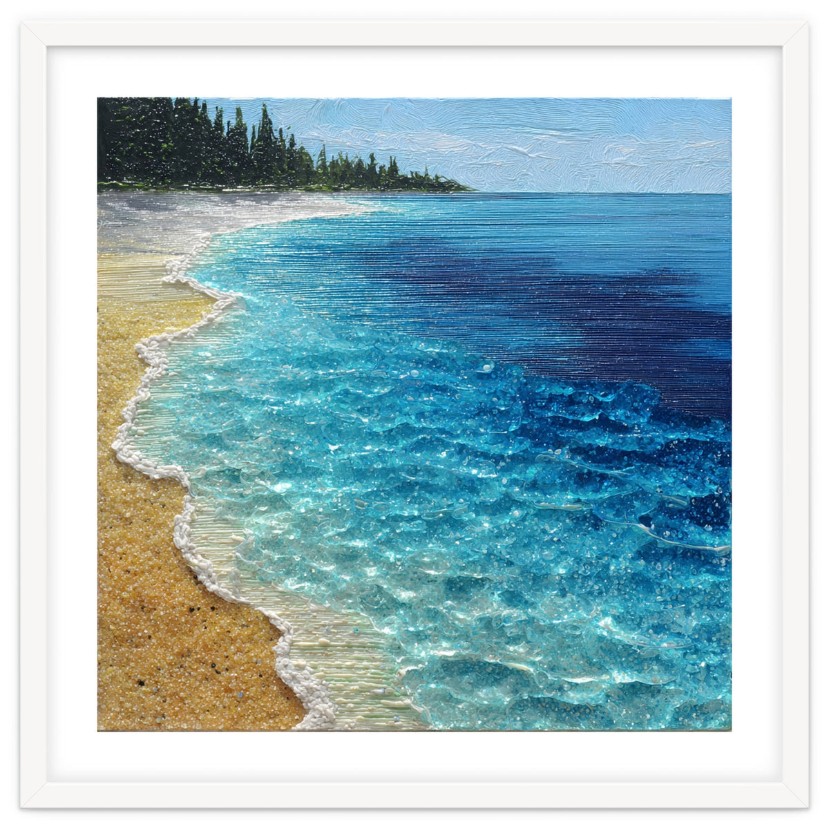 Sun-Drenched Coastal Shoreline with Textured Impasto Waves