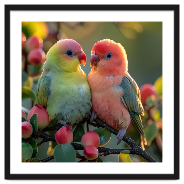 Lovebirds Couple Sitting On A Branch With Berries