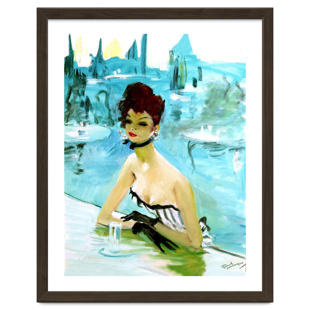 Pinup Girl In Cafe, Watercolor Painting