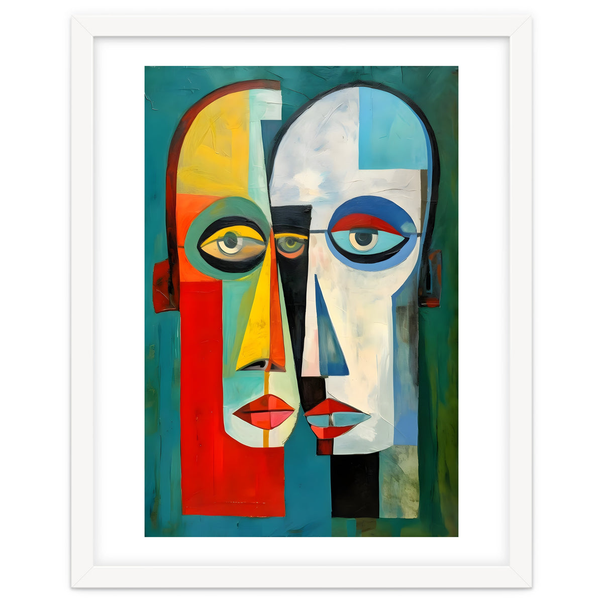 INSEPERABLE #02, Abstract robotic looking heads merged in bright vivid hues with emphasis on the eyes.