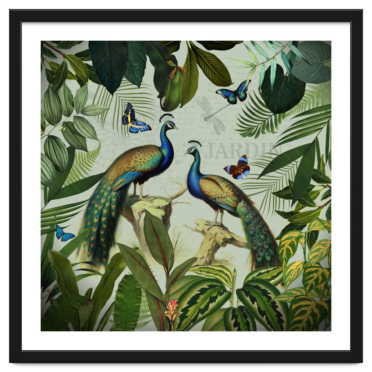 Vintage Exotic Asian Peacocks In Tropical Jungle Landscape