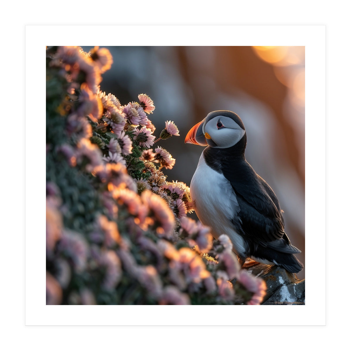 Puffin Bird On Rocks Near Pink Flowers At Sunset (Print Only)