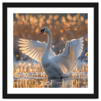 Swan Spreading Wings In Water Sunlight