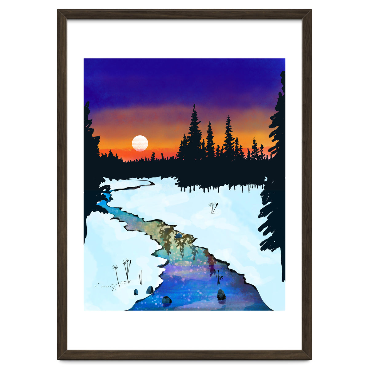 Purple Midnight, Snow River Full Moon Nature Landscape Painting, Winter Travel Adventure Places