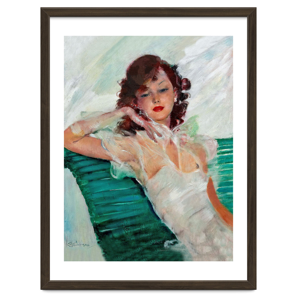 Girl Is Resting On A Green Bench, Watercolor Painting