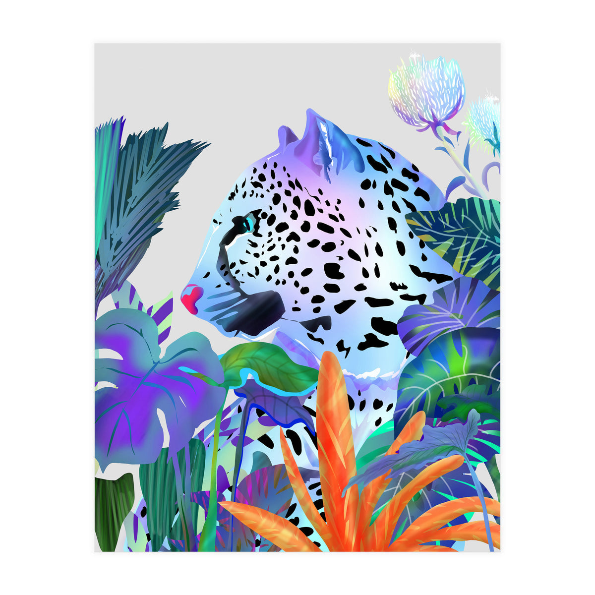 Holographic Leopard, Tropical Jungle Eclectic Nature, Colorful Botanical Wildlife, Boho Contemporary Animals, Tiger Cheetah Cat Maximalism (Print Only)