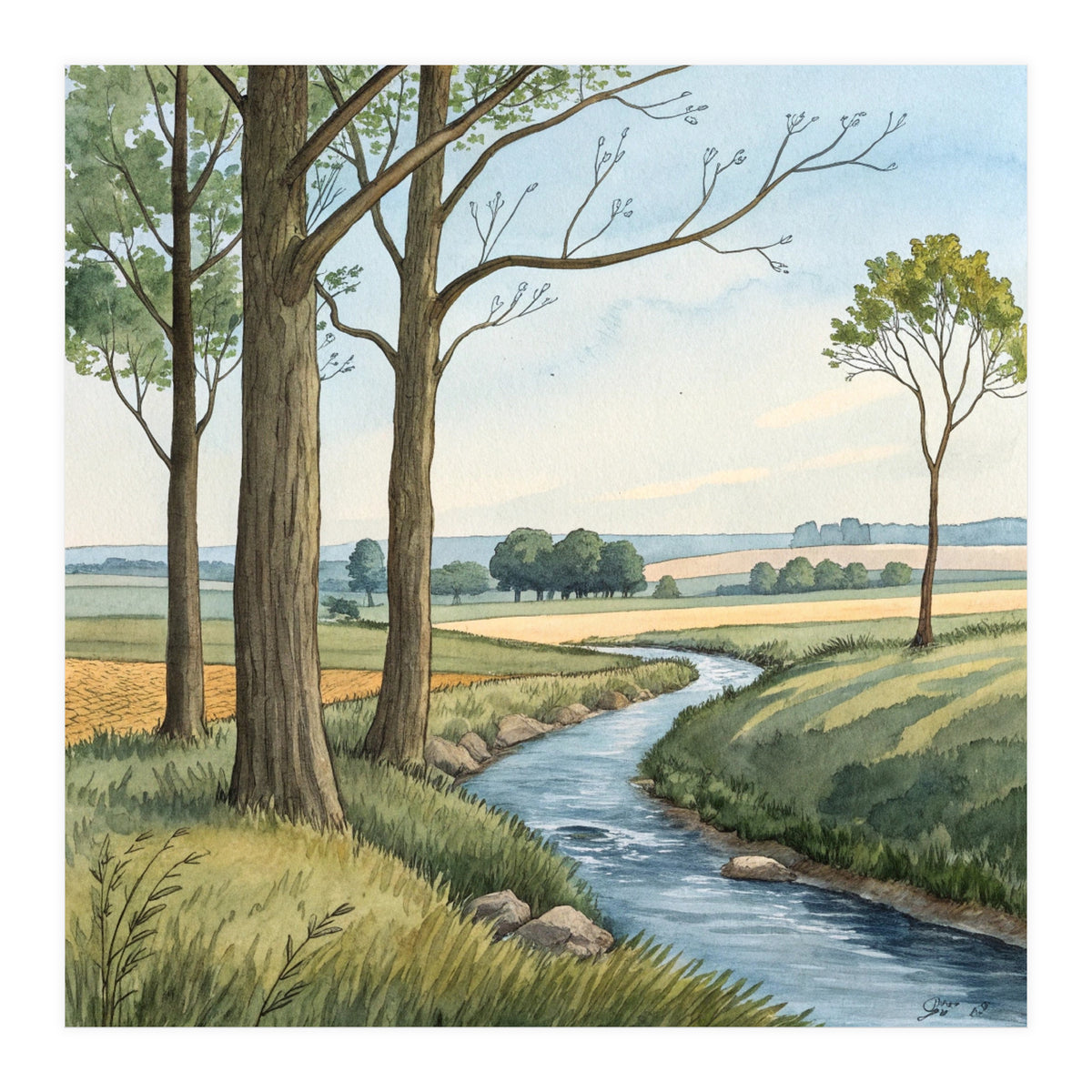 Pastoral Countryside Watercolor Painting with Winding Stream Meadows and Deciduous Trees Landscape (Print Only)
