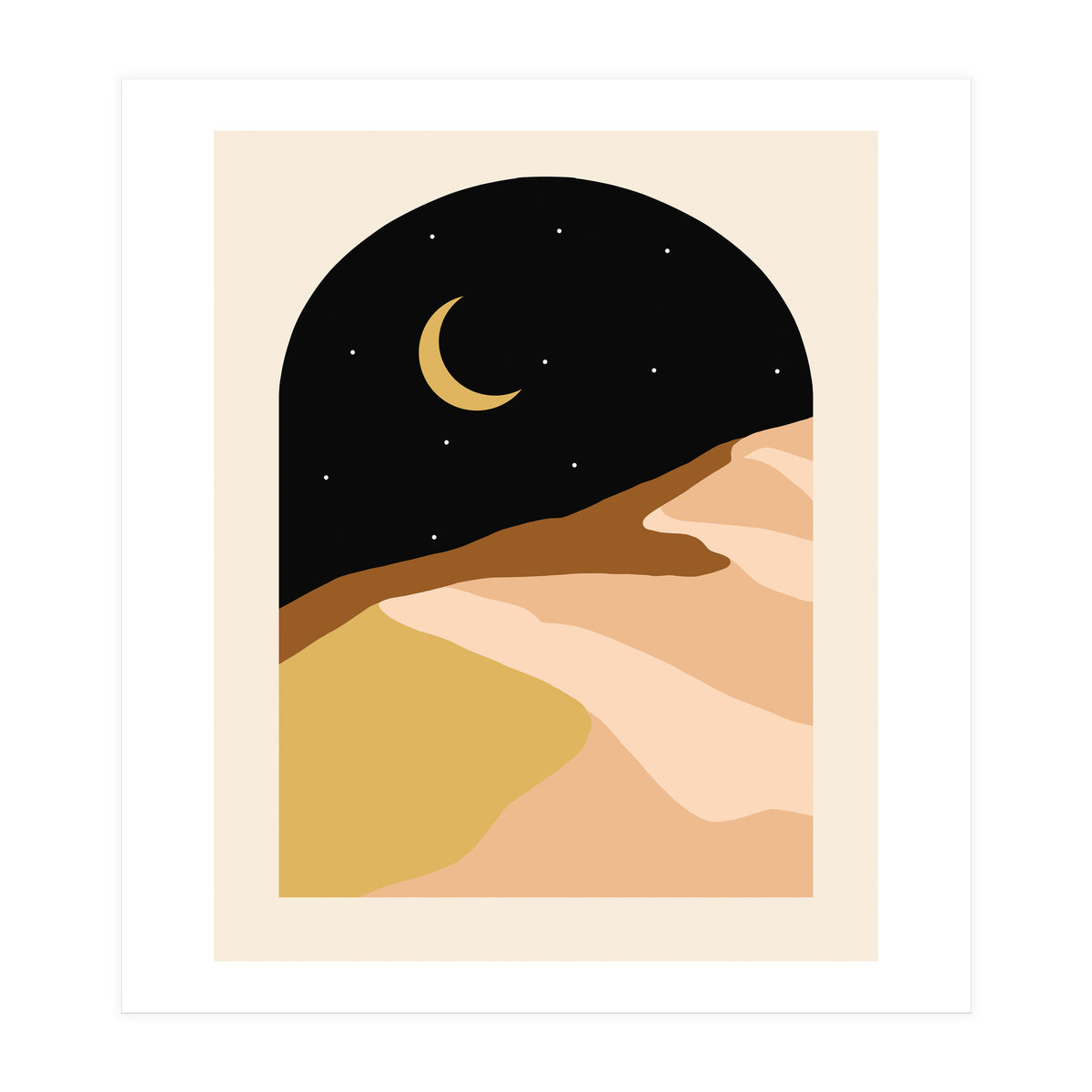 Desert Nights, Modern Bohemian Travel Sand Dunes, Eclectic Moon Stars Vintage Arc, Pastel Building Nature Landscape (Print Only)