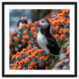 Atlantic Puffin Bird Perched On Orange Flowers thumbnail