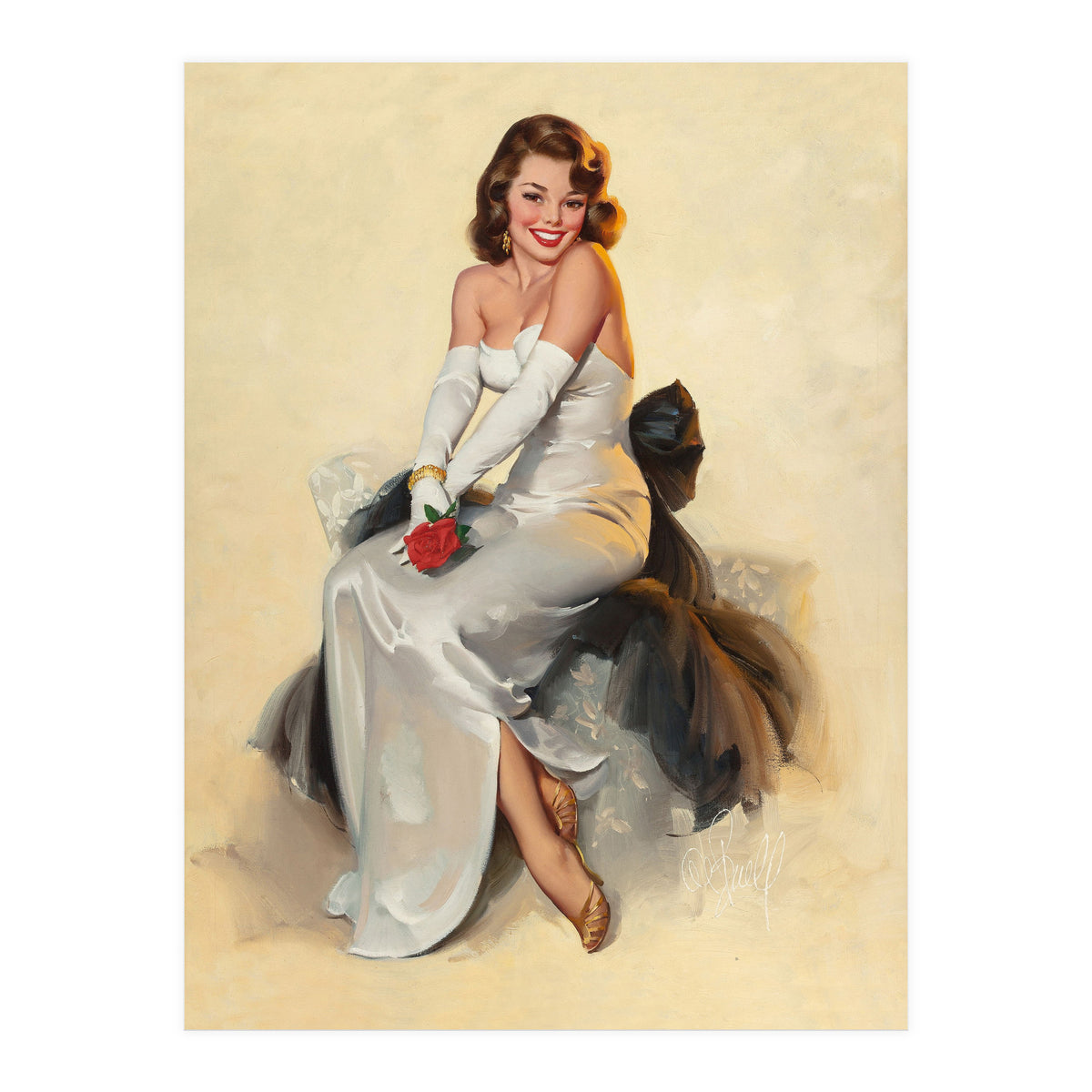 Smiling Young Woman Posing With Flower (Print Only)