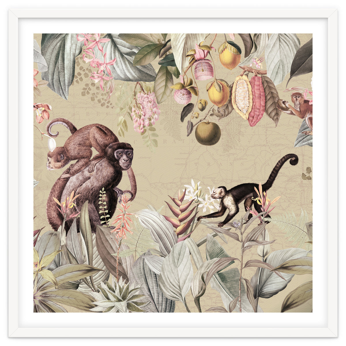 Vintage Exotic Monkeys In African Jungle Landscape