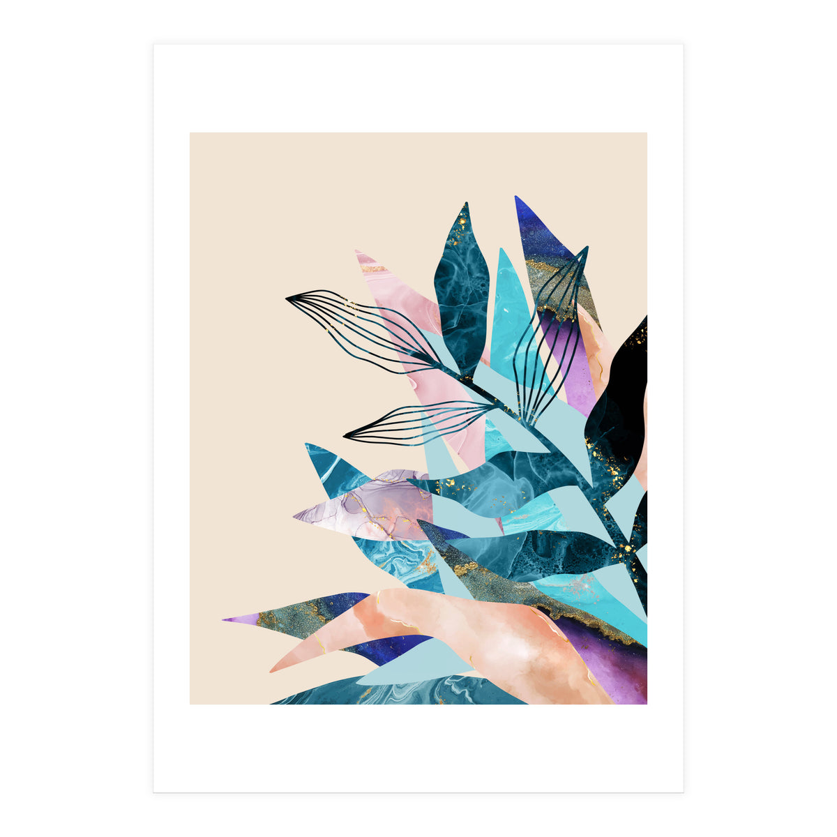 Marble Fantasy, Luxe Abstract Texture Botanical Concept, Eclectic Graphic Design Bohemian Contemporary (Print Only)