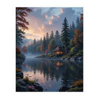 Serene Lakeside Retreat in Autumn Forest (Print Only)