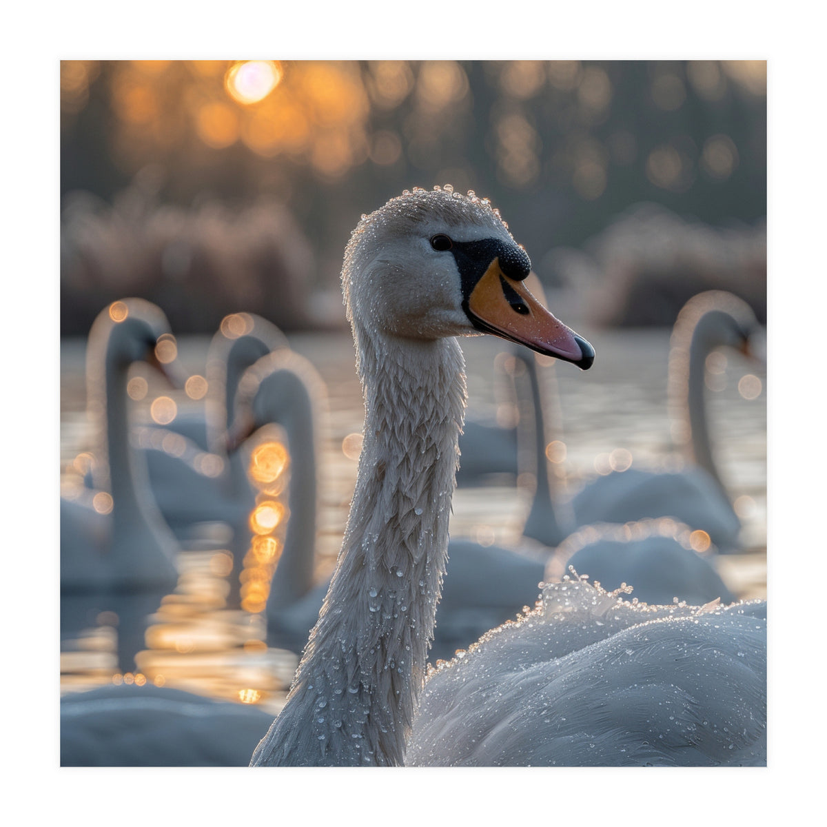 Close Up Of Swan With Water Droplets At Sunrise (Print Only)