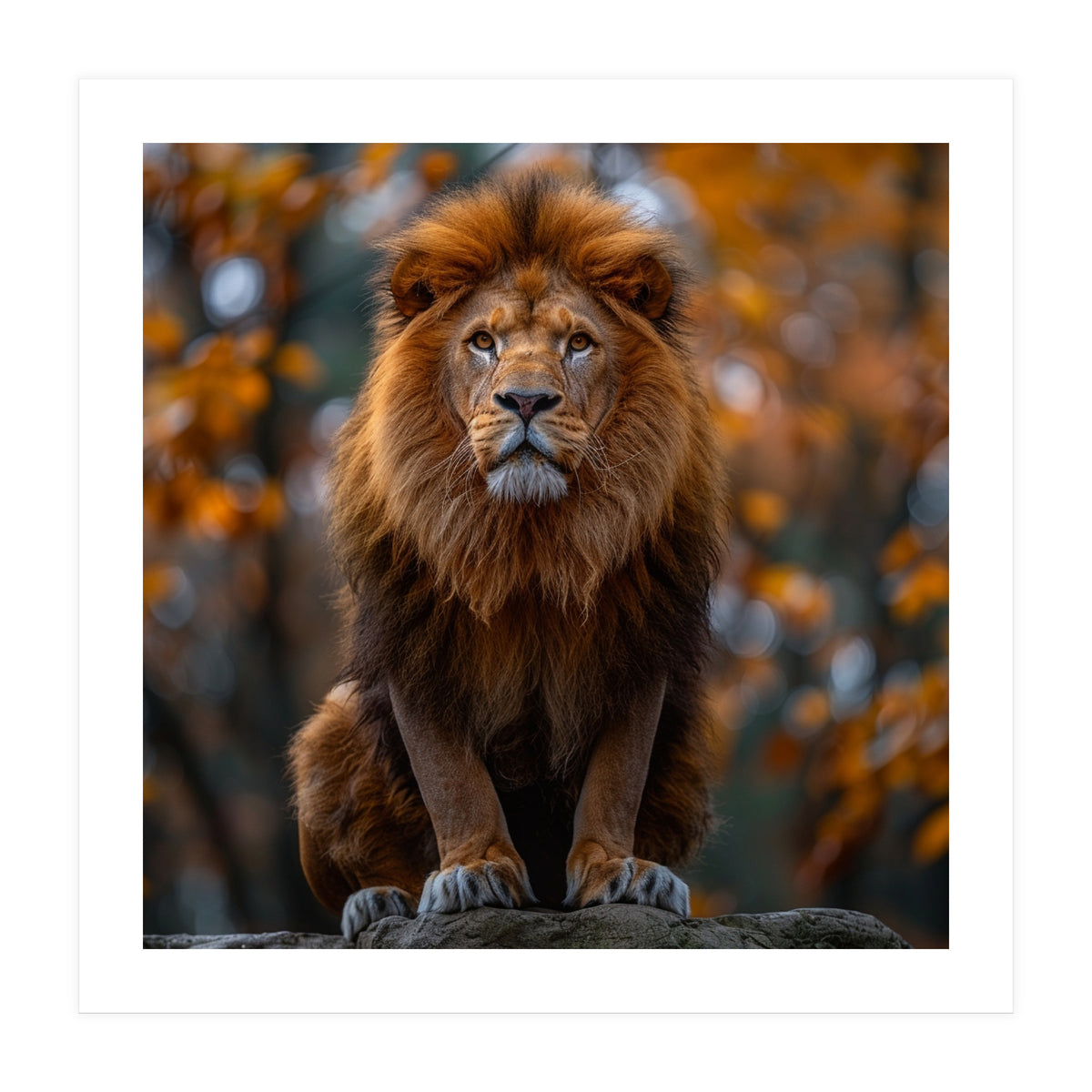 Majestic Lion Sitting On A Rock In Autumn Forest (Print Only)
