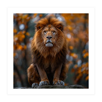 Majestic Lion Sitting On A Rock In Autumn Forest (Print Only)
