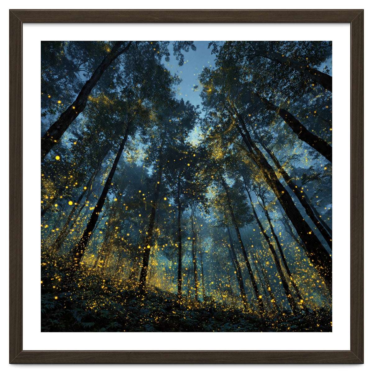 Celestial Forest Canopy with Swirling Golden Fireflies and Deep Twilight Blue Sky Digital Art