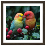 Lovebirds Perched Amidst Red Berries And Green Foliage thumbnail