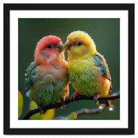 Two Lovebirds Perched On A Branch In Rain